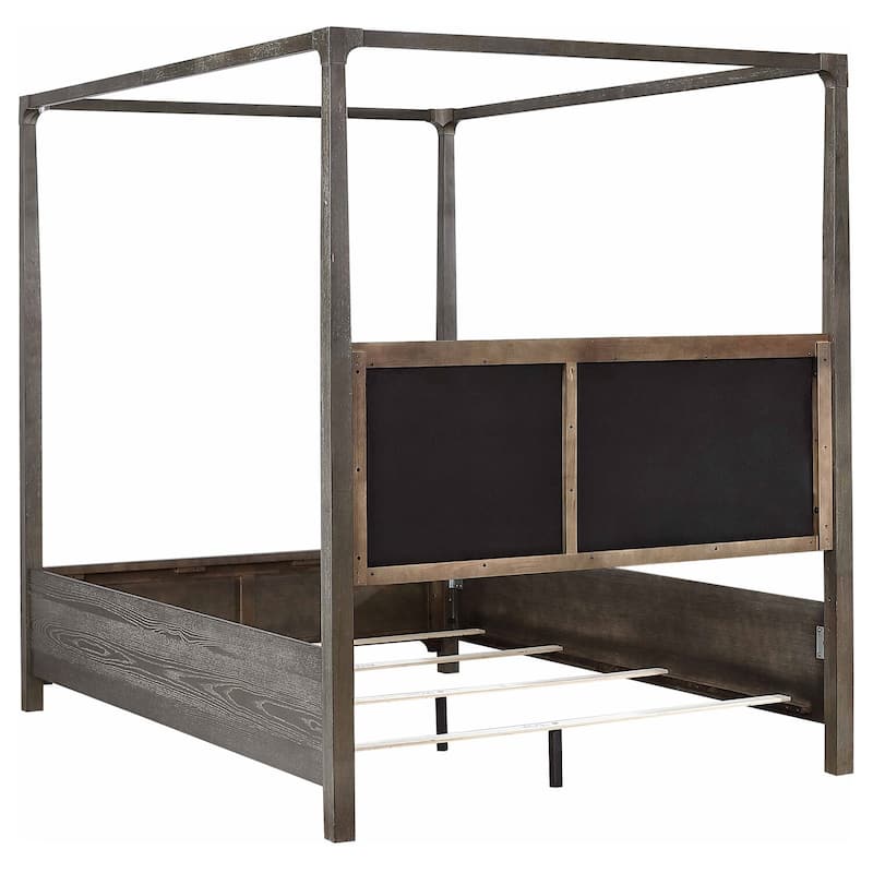 Queen Canopy Bed with Upholstered Headboard, Dark Cocoa Finish, Solid Hardwood, Stylish Bedroom Retreat