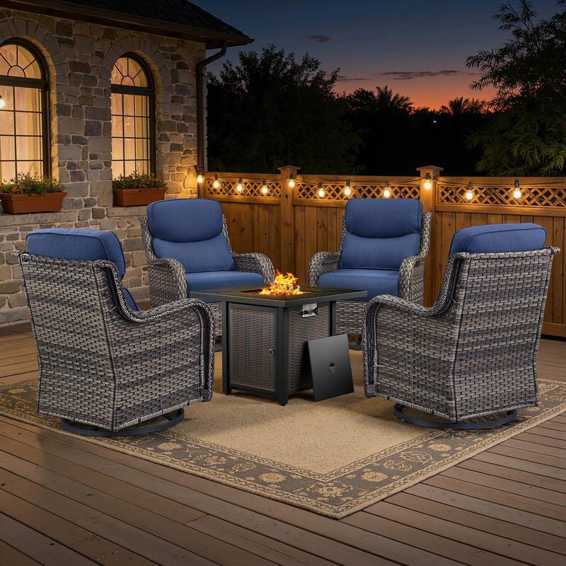 Meyreso 5-Piece Outdoor Patio Wicker Fire Pit 4 person Conversation Set with 5-Inch Thick Cushions - Navy Blue Cushions - Gray Wicker