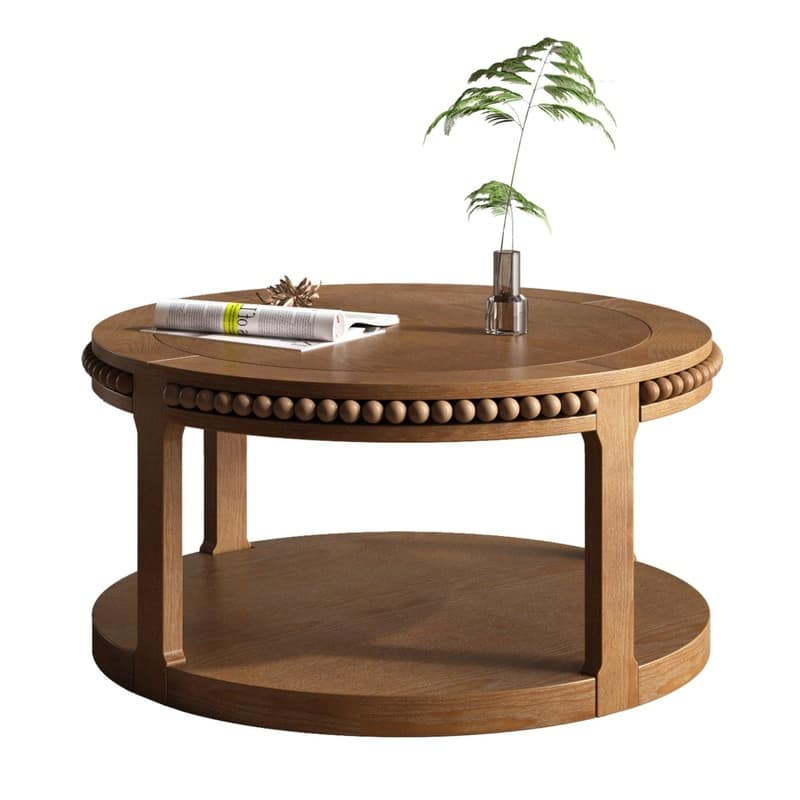 Round Solid Wood Coffee Table, Two-Tier Design with Sturdy Construction for Living Room Elegance