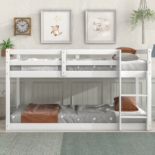 White Twin Size Wood Loft Bed with Ladder and Fence