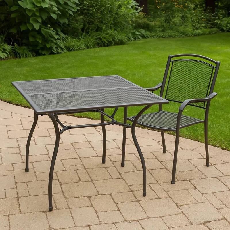 Outdoor Patio Dining Table, 35 Inch Square Mesh Top Classic Gray Metal