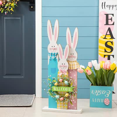 Glitzhome 30"H Easter Wooden Bunny Family Standing Porch Sign Decor with Wreath