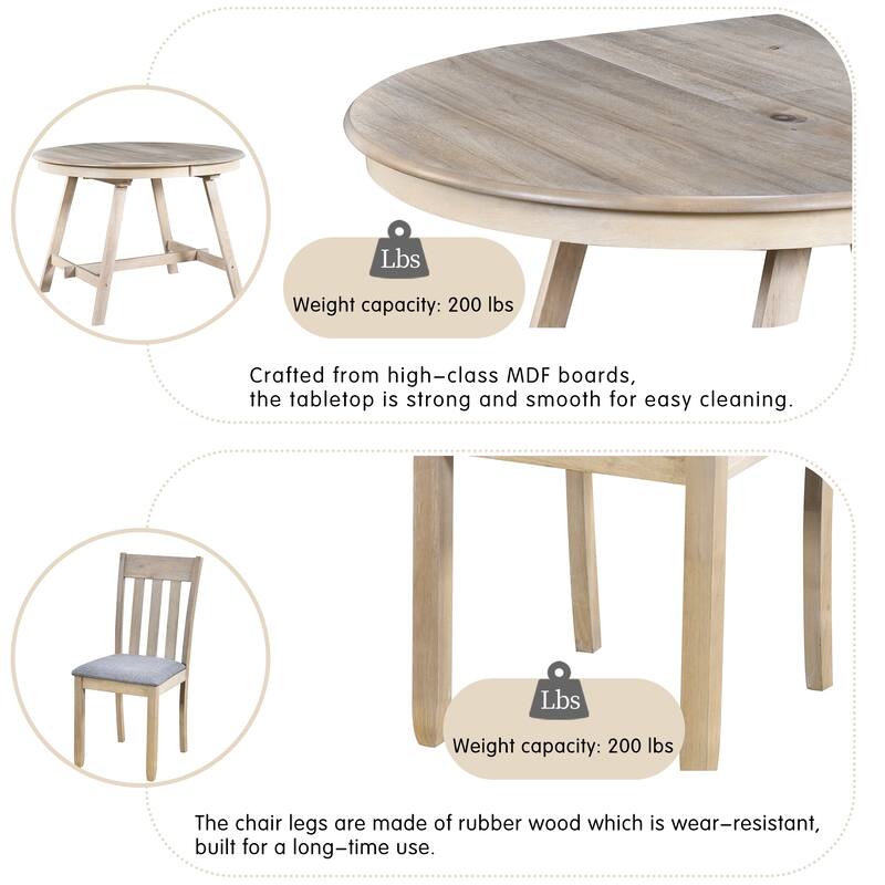 5-Piece Round Extendable Dining Table Set with 4 Chairs for Kitchen or Dining Room, Solid Wood Frame, Adjustable Table for 4