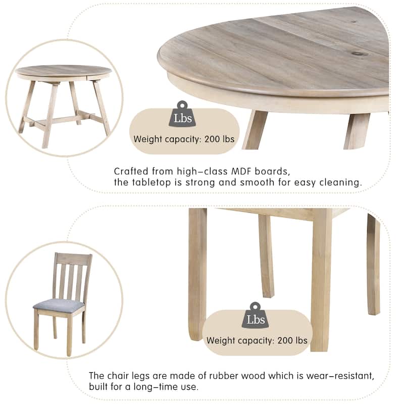 Practical Round Extendable Dining Table with 4 Dining Chairs, 5-Piece Wood Dining Table and Chairs Set for 4