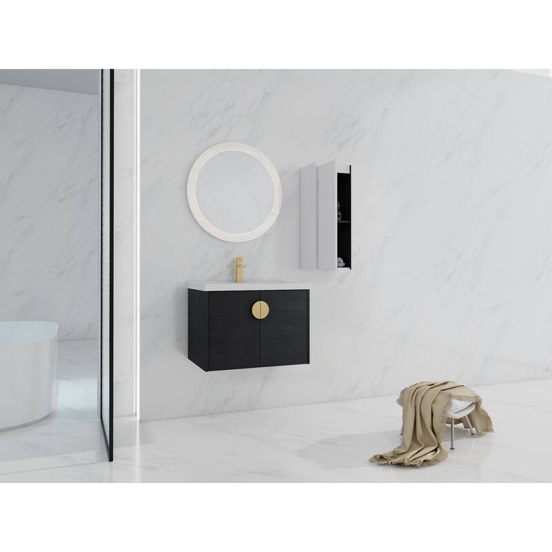 28" Floating Bathroom Vanity with Ceramic Sink, Soft-Close Doors, Wall-Mounted Side Cabinet, Black Chestnut