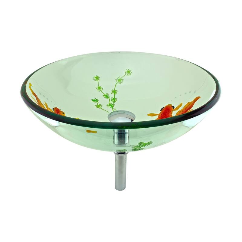 Countertop Vessel Sink 16.5" Round Koi FIsh Design Tempered Glass Bathroom Sink with Chrome Sink Drain Renovators Supply - Multi-Color
