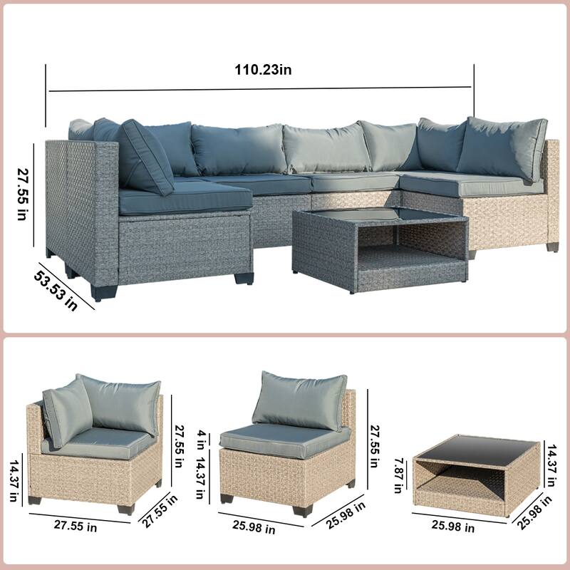 7-Piece Outdoor Wicker Sectional Conversation Set ，Waterproof Thick Cushions ，Coffee Table Included