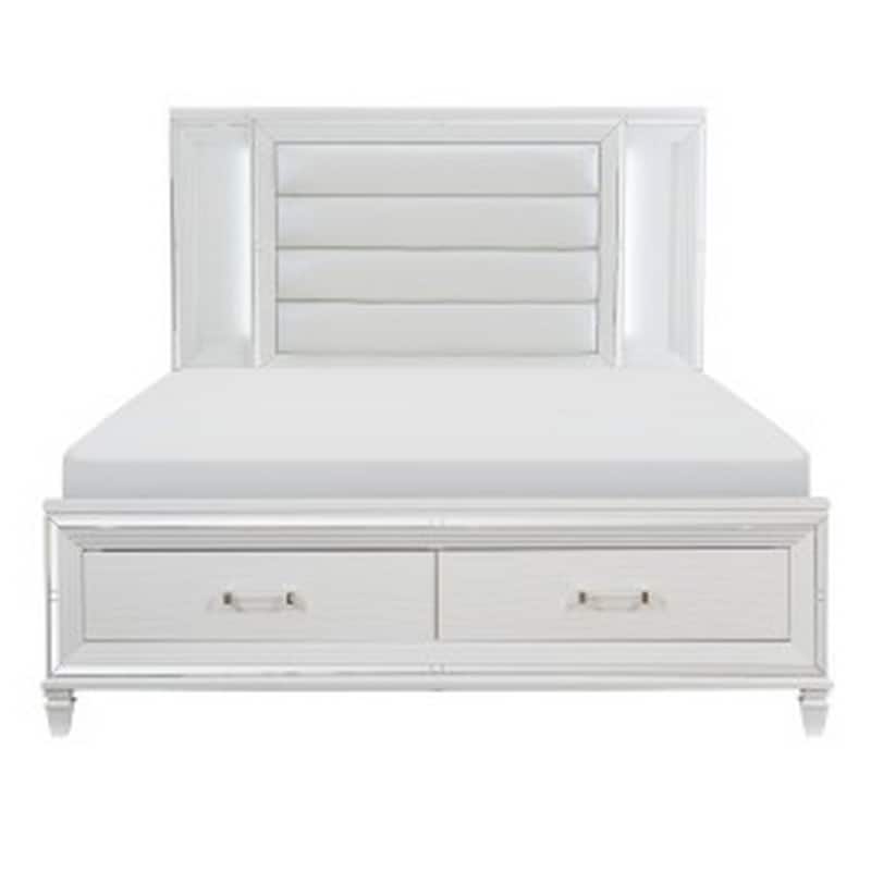 Delcy Queen Platform Bed, LED Headboard, 2 Drawer Footboard, Mirror, White