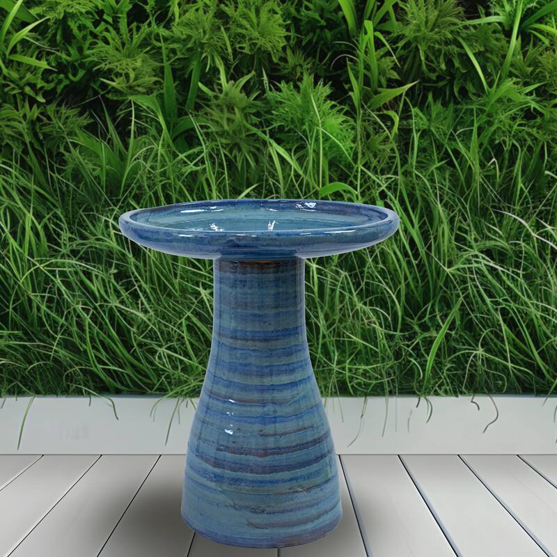 Sunnydaze Glazed Ceramic Outdoor Bird Bath - 18" - UV/Frost Resistant - White/Blue
