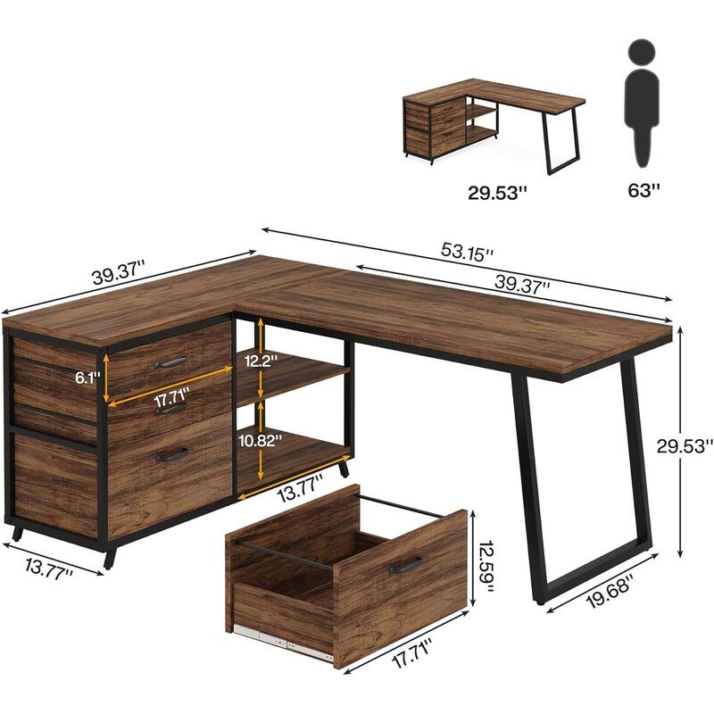 53" Reversible L-Shaped Computer Desk with 3 Drawers and Storage Shelves, Rustic Brown