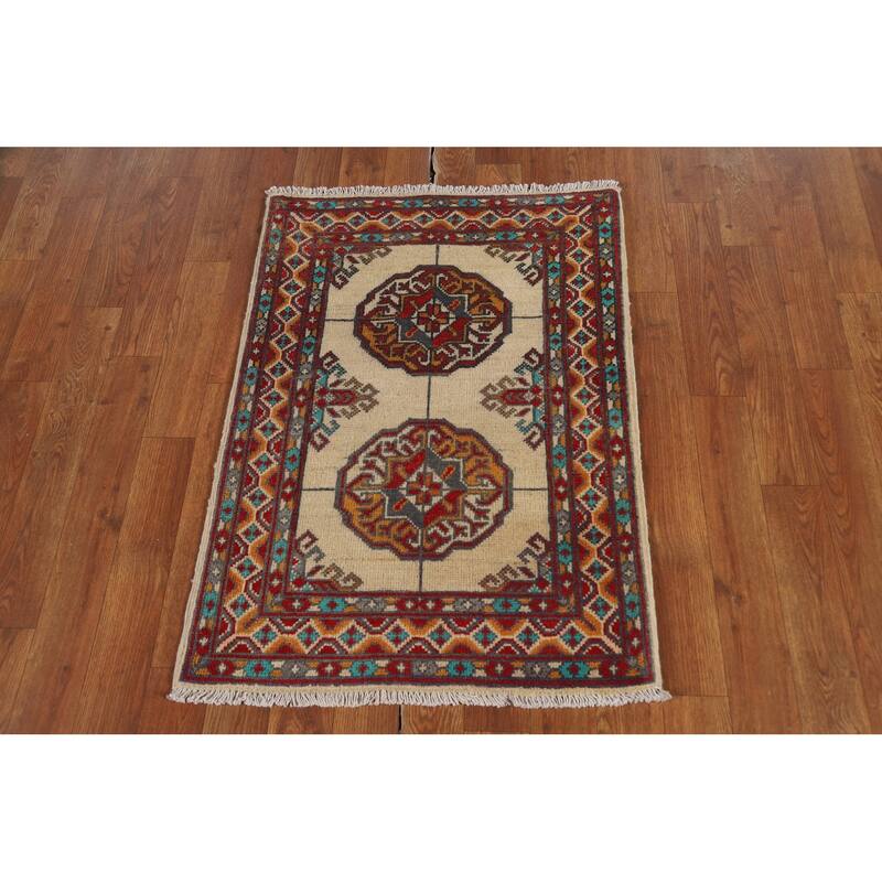 Geometric Kazak Foyer Rug Handmade Beige Traditional Wool Carpet - 2'0" x 3'0"