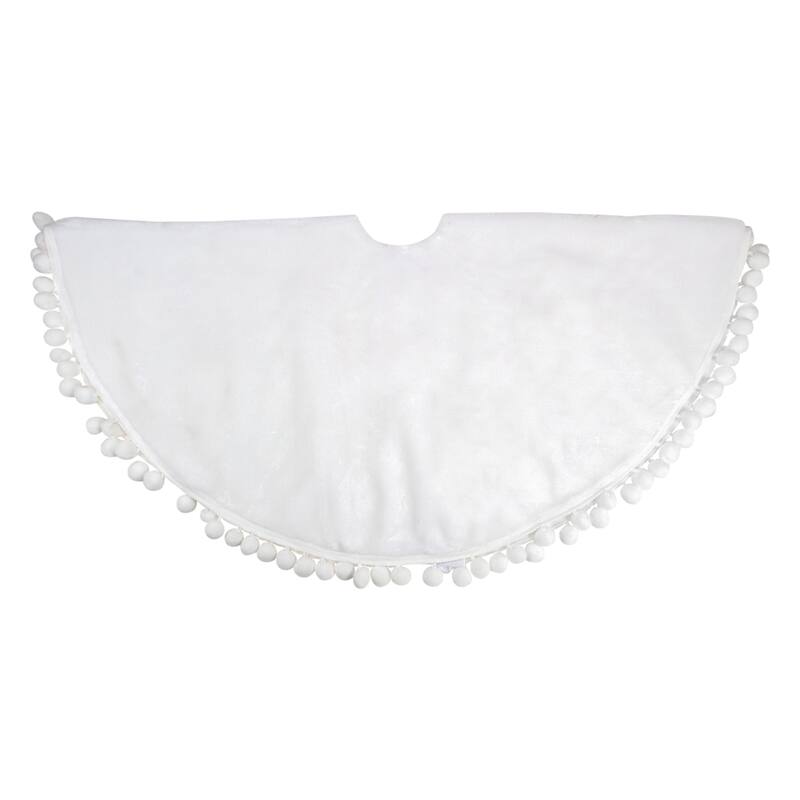 36" White Christmas Tree Skirt With a Pom Pom Border and Tie Backs - 36