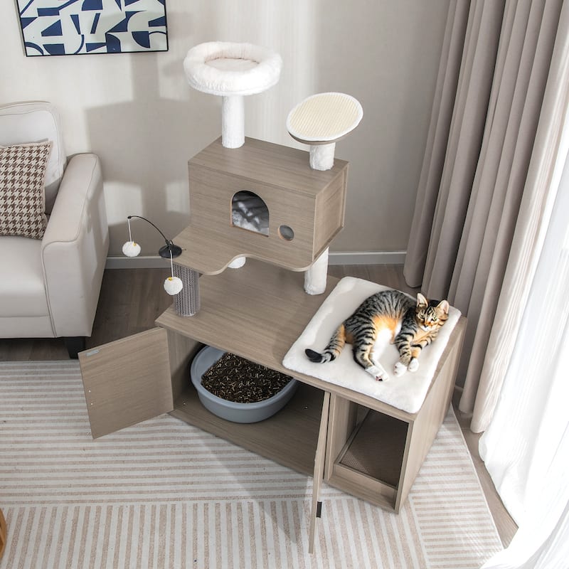 Cat Tree with Litter Box Enclosure for Indoor Cars-Gray - 1 Litter Box