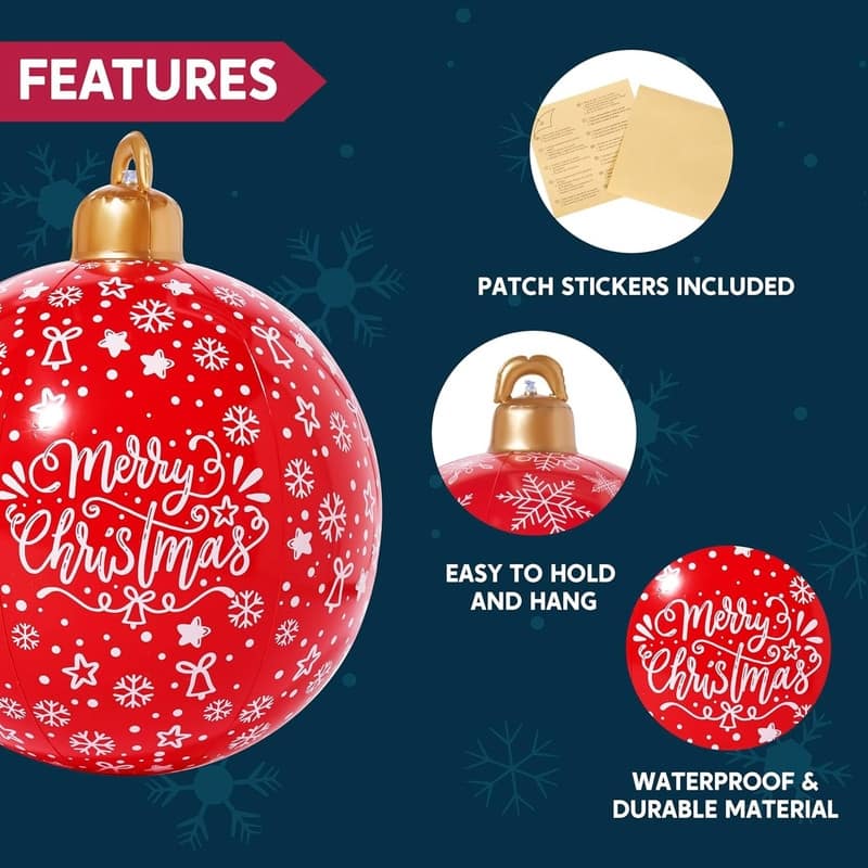 2 Pcs Giant Inflatable Christmas Balls, 25 Inch Red Ornaments with Christmas Patterns