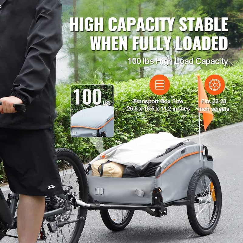 Grey Steel Bike Cargo Trailer, 100lb Load, Foldable and Rain Cover - 53.15” L x 24.80” W x 20.67” H