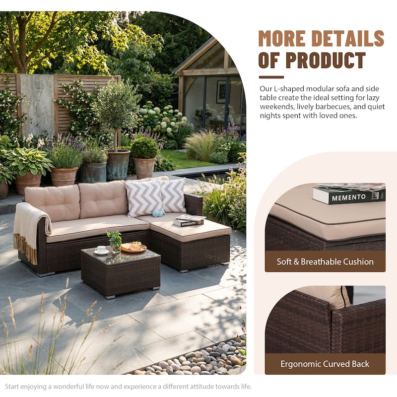 L-Shaped Outdoor Sectional Sofa, PE Wicker Patio Sofa Set with Table and Cushions