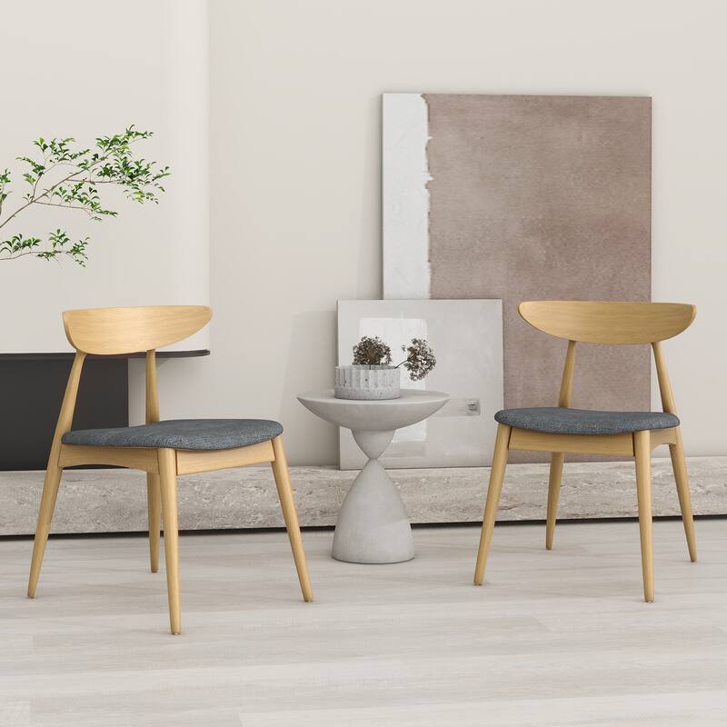 Set of 2 Retro Rubberwood Chairs with Ergonomic Back & Plush Cushions - Natural+Grey