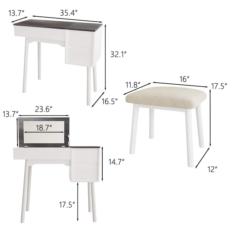 Anmytek Vanity Desk with Flip Top Mirror and Stool Makeup Table and Workspace 2 in 1