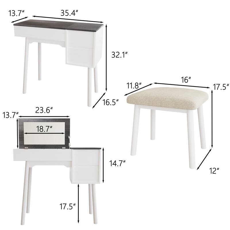Flip Top Mirror Makeup Vanity Desk with Chair, White Dressing Table with Drawers and Storage Compartments
