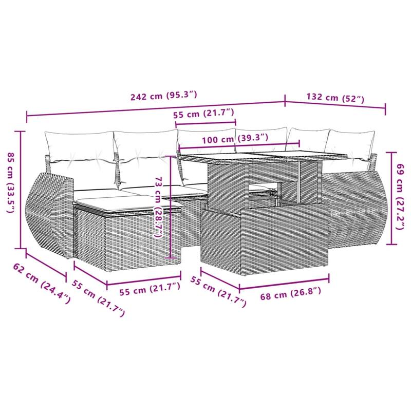 vidaXL Patio Sofa Set with Cushions Outdoor Furniture 7 Piece Poly Rattan