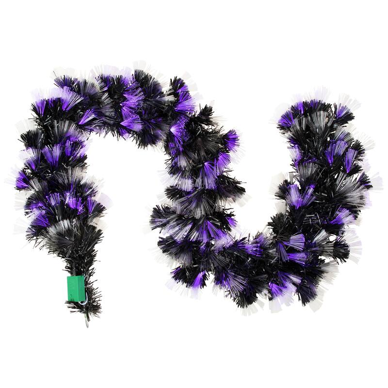 Multi Function Fiber Optic Artificial Halloween Garland - 6' x 6" - Black - Purple and Orange LED