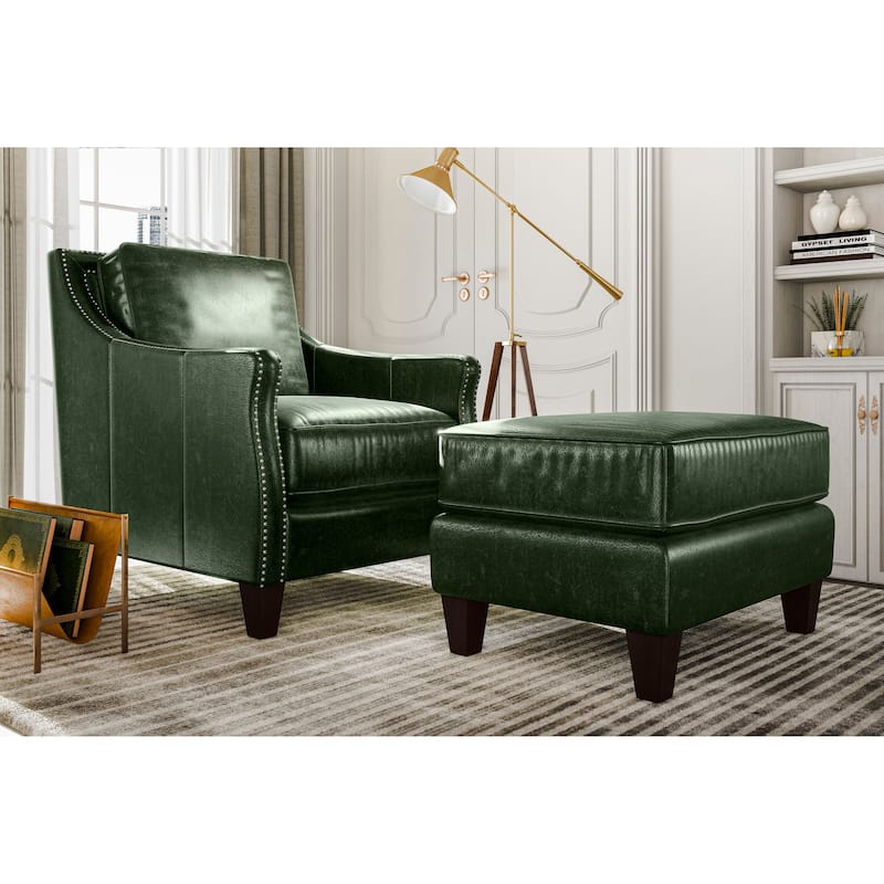 Essex Distressed Green Top Grain Leather Upholstered Ottoman