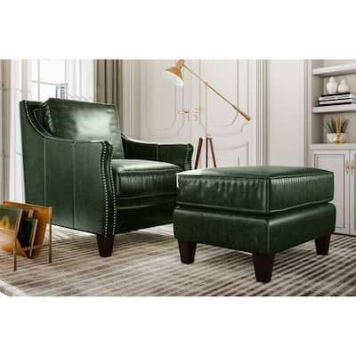 Essex Distressed Green Top Grain Leather Upholstered Ottoman