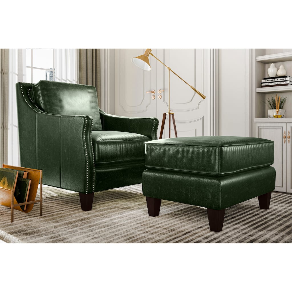 Essex Distressed Green Top Grain Leather Upholstered Ottoman