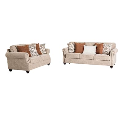 Bonie Sofa and Loveseat Set, Rolled Arms, 9 Pillows, Taupe Polyester