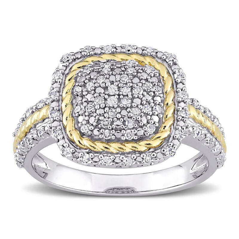 Miadora 2-Tone White and Yellow Plated Sterling Silver 1/3ct TDW Diamond Cluster Halo Square Ring