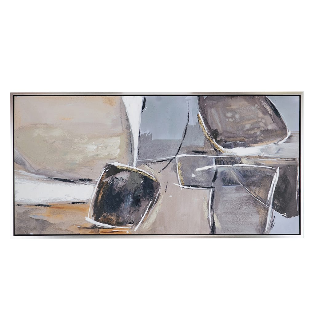 30 x 59 Abstract Oil Painting, Rectanglular Poly Canvas, Wood, Beige, Gray