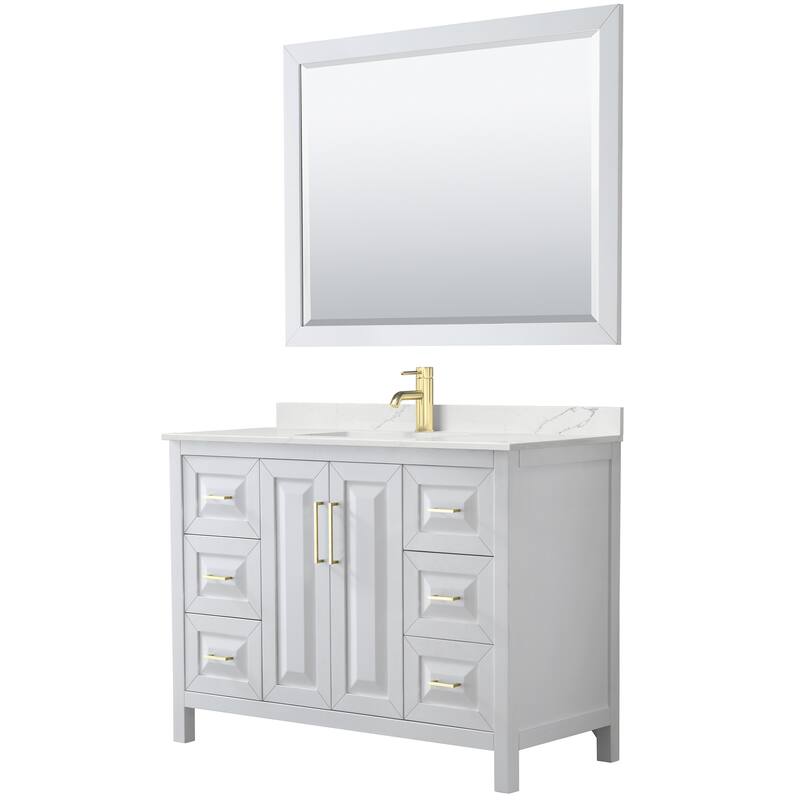 Daria 48-inch Single Vanity, Single Hole Quartz Top, 46-inch Mirror - White, Gold Trim, Giotto Quartz Top