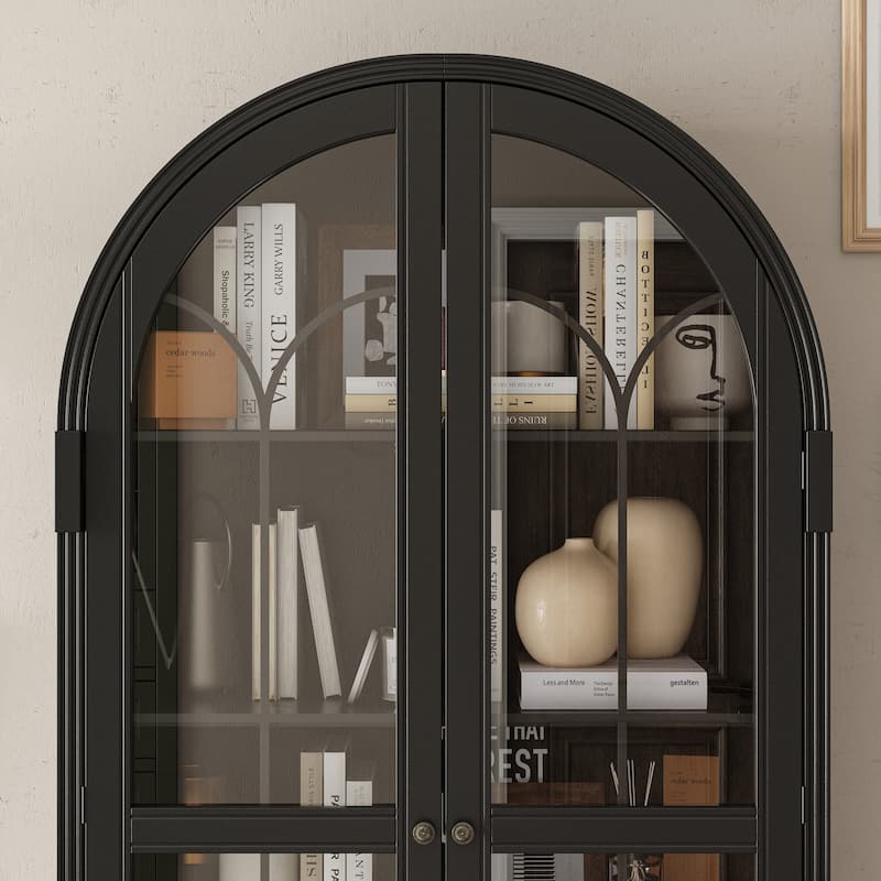 Arched Glass Display Cabinet with Drawer, Tall Curio Bookshelf for Living Room