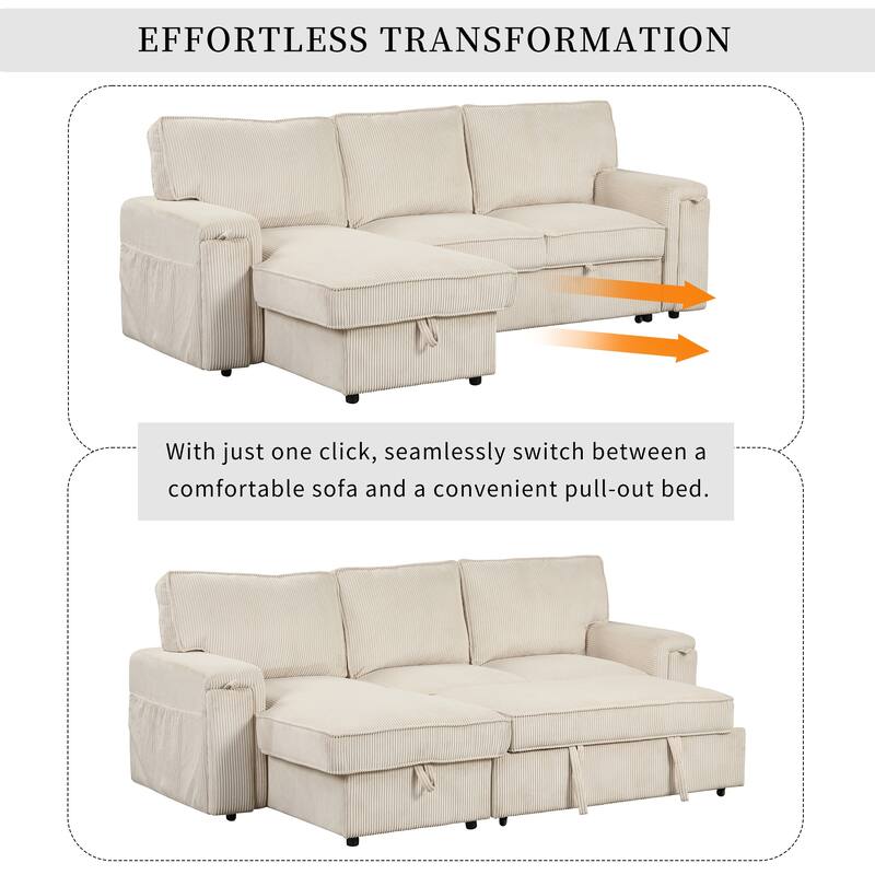 96.1" Polyester Sleeper Sectional Sofa with Storage Bags, Cup Holders and Fold-Out Twin Bed