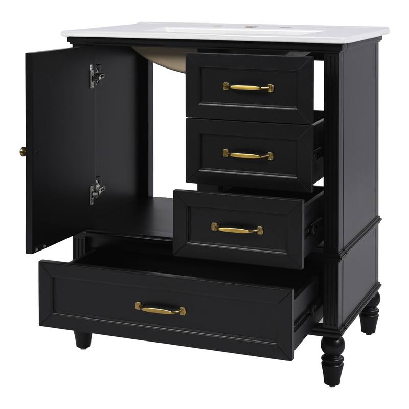 Roomfitters 30" Bathroom Vanity with Integrated Ceramic Sink, Solid Wood Frame and 3-Drawer Storage