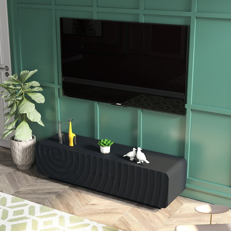 58" TV Console, Modern Spiral Wave Design TV Stand with Storage Cabinet and 2 Drawers