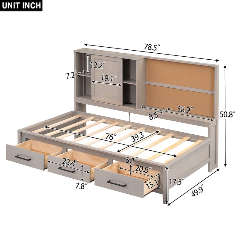 Twin Size Lounge Daybed with Storage Shelves and 3 Drawers with USB Port