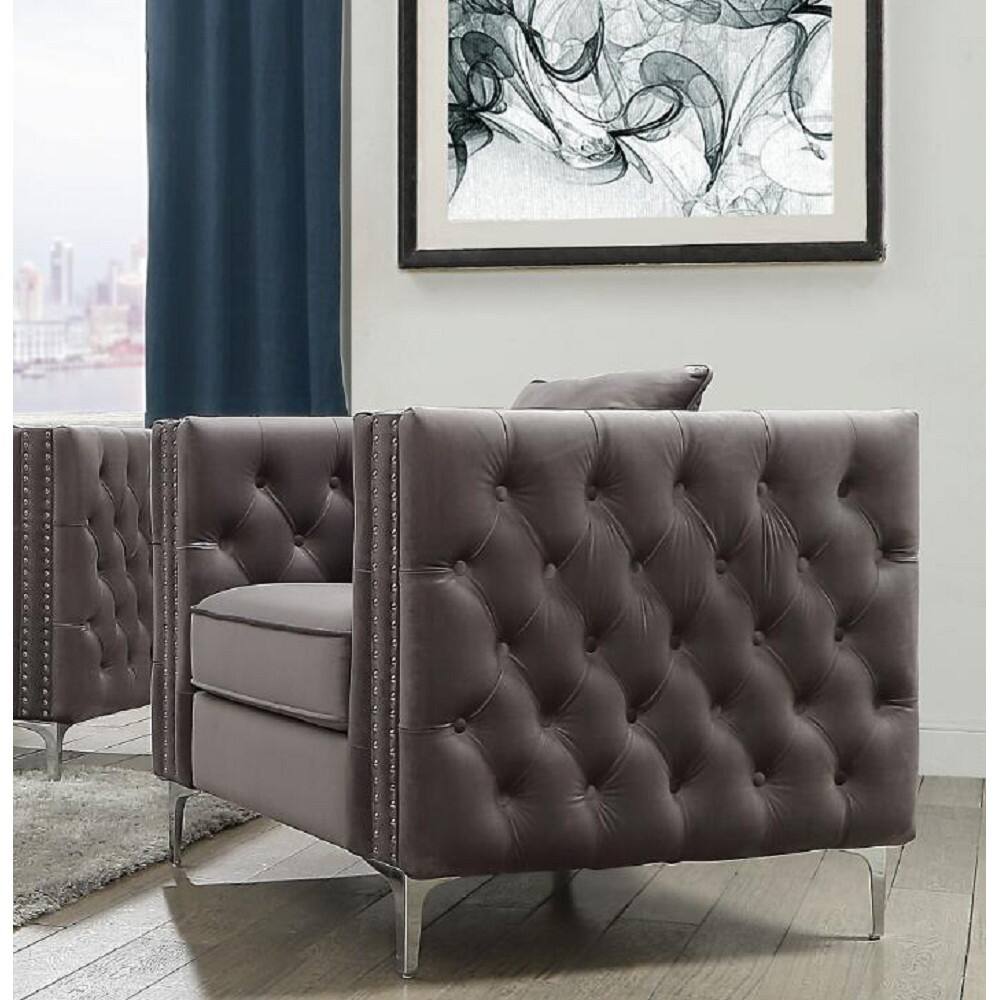 Gray 40" Velvet Chair with Tufting and Pillows