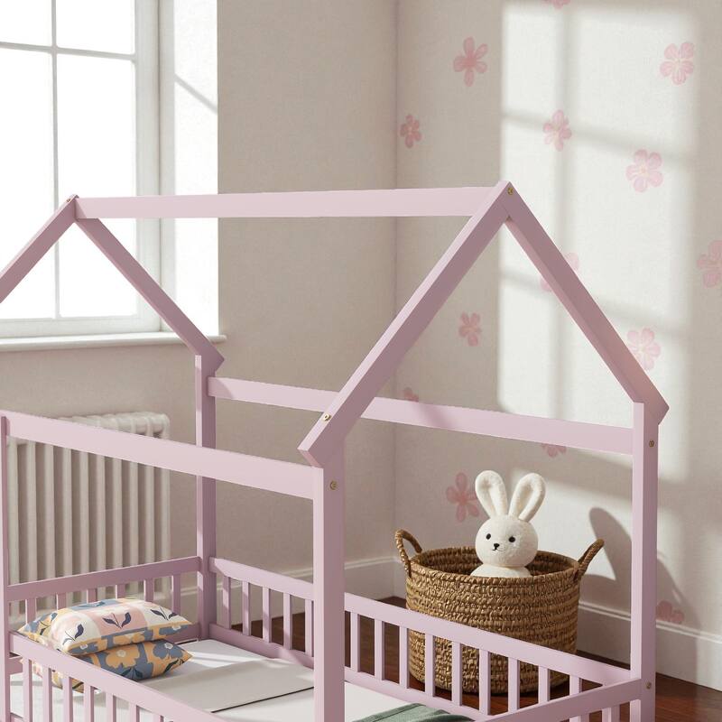 Twin Size Wooden House Floor Bed with Roof Frame and Safety Guardrails, Solid Rubber Wood Montessori Bed for Kids