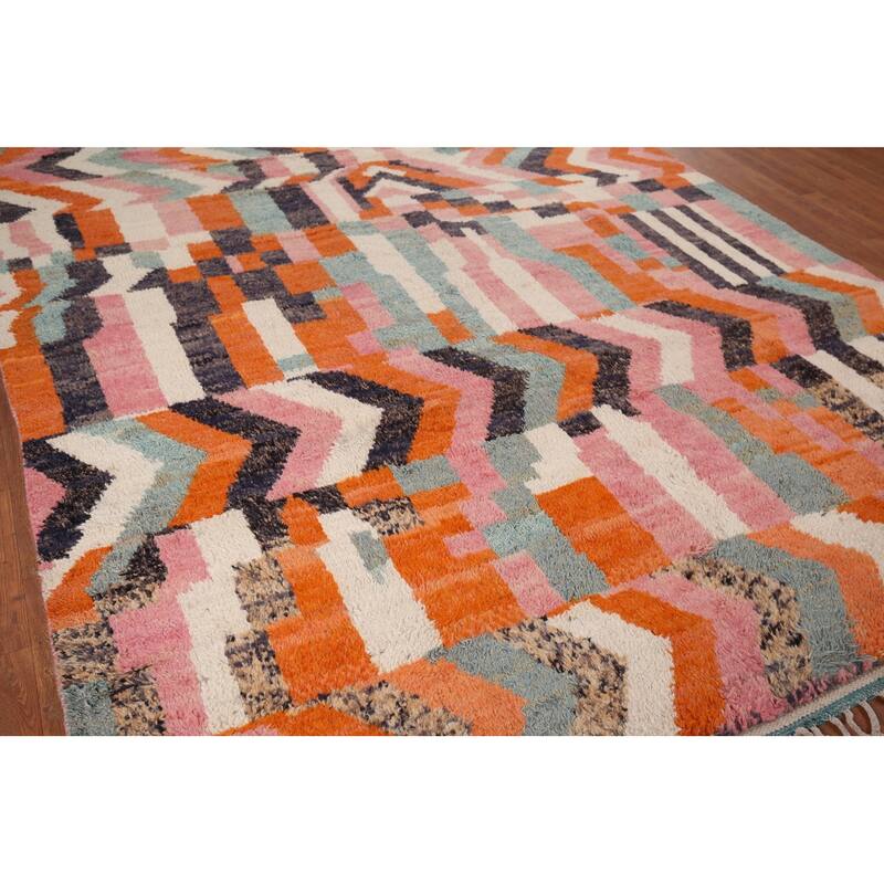Multicolor Plush Moroccan Area Rug Handmade Geometric Wool Carpet - 7'10" x 10'7"