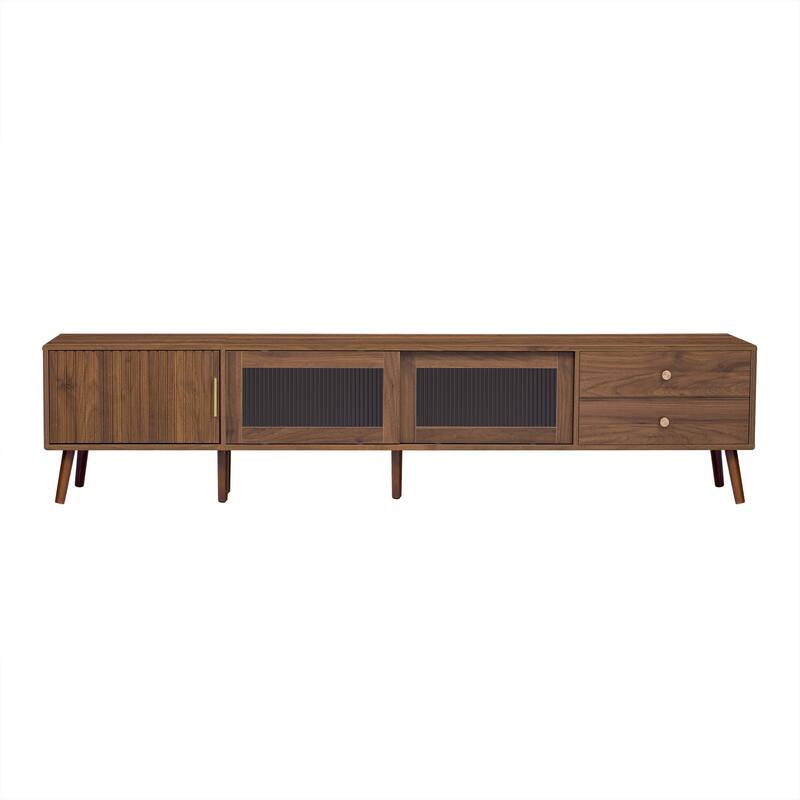 76" Contemporary TV Stand – Wood-Grain Media Console with Glass Doors & Storage Cabinets, Fits 85" TVs – Minimalist Design
