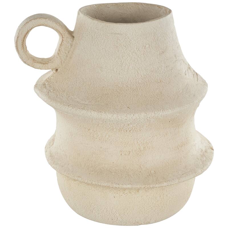 Cream Paper Mache Fluted Decorative Vase with Brown Distressed Texturing and Ring Handle