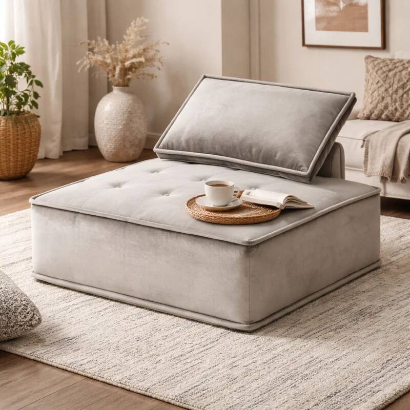 Nob 40 Inch Armless Lounge Chair, Tufted Seat, Pillow Back, Gray Velvet