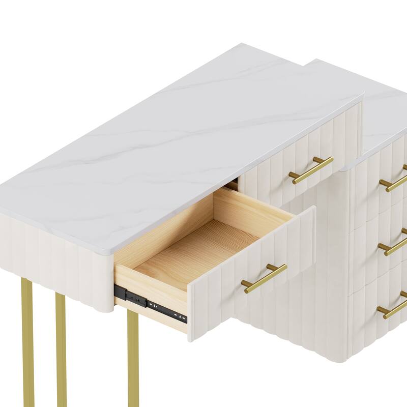 Velvet Upholstered Makeup Vanity Desk with 5 Storage Drawers, Marble-Look Sticker Top Dressing Table and Padded Makeup Chair Set