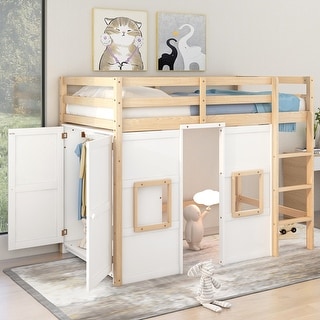 Wood Twin Size Loft Bed with Built-in Wardrobe, 2 Windows, Storage, Sturdy Pine Construction, No Box Spring Needed, White