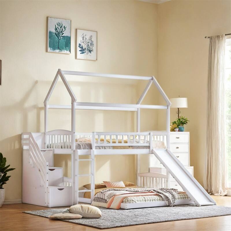 Twin Over Full Bunk Bed with Slide,House Bed with Slide