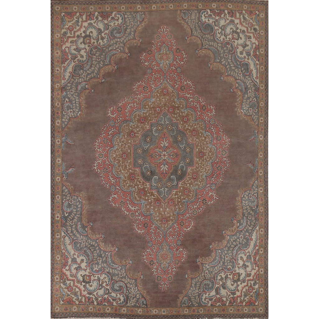 Brown Tabriz Persian Vintage Area Rug Handmade Oriental Wool Carpet - 7'8"x 11'1"