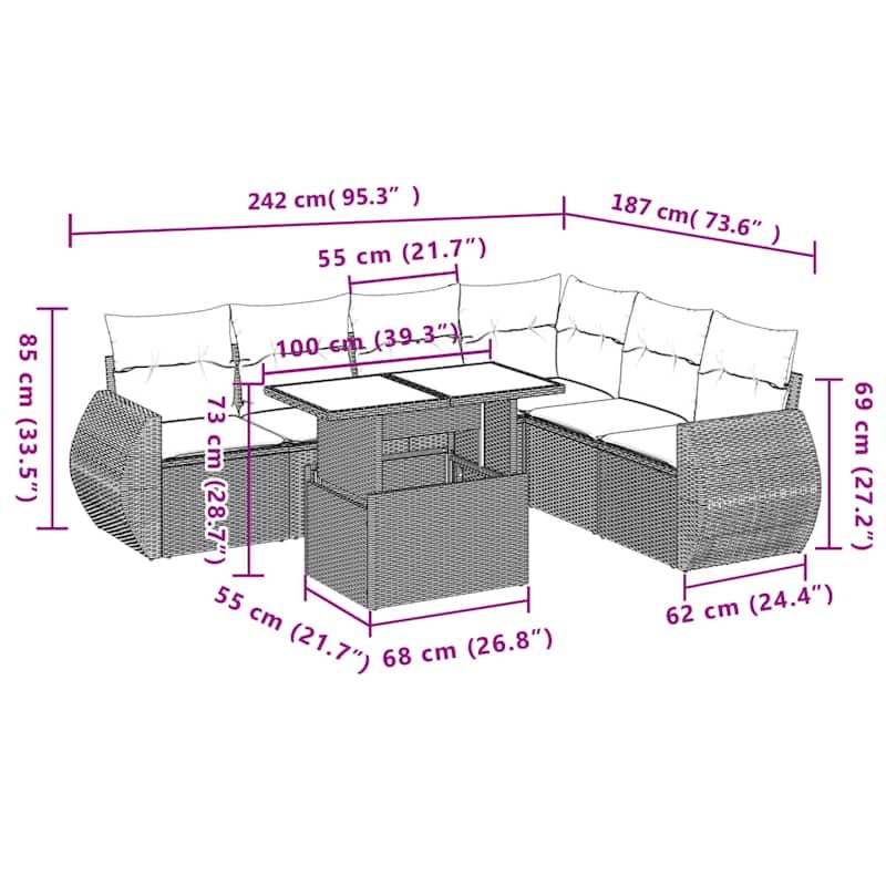 vidaXL Patio Sofa Set with Cushions Outdoor Furniture 7 Piece Poly Rattan - 21.7 x 39.4 x 28.7