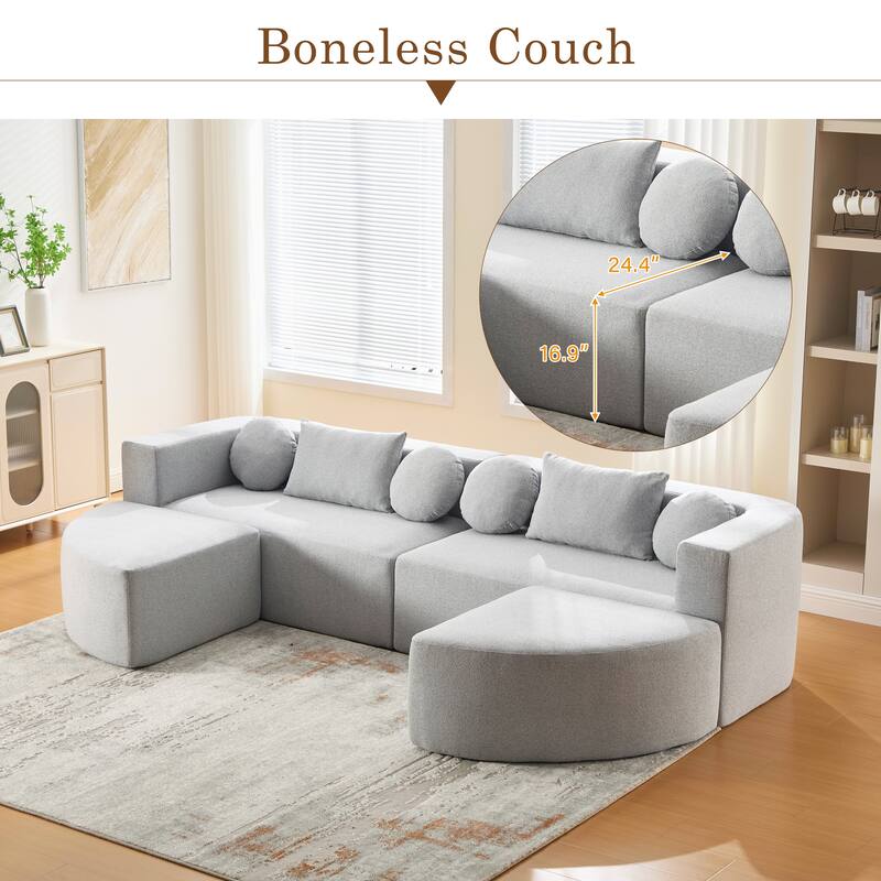 U-Shape Modular Sectional Sofa, Boucle Upholstered Boneless Couch, Compression Sofa with 4 Throw Pillows & 2 Cushions