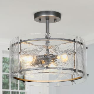 14inch Gray Art Decor Drum Semi Flush Mount Light Waterfall Glass 3-light Ceiling Light for Hallway